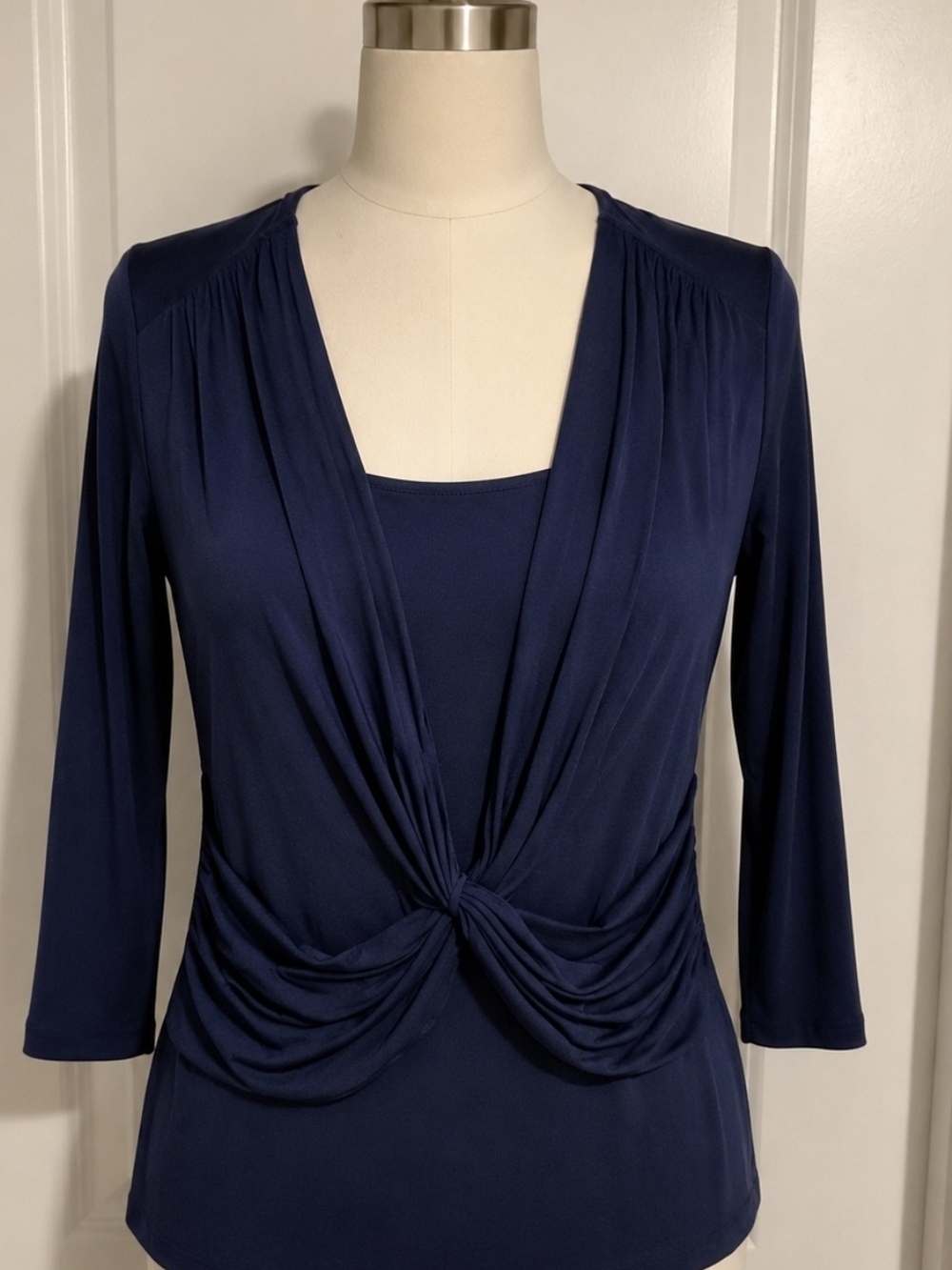 New York & Company Stretch Navy Blue Twist Front 3/4 Sleeve Blouse Top